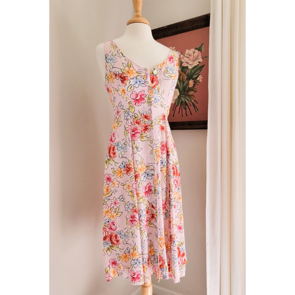 90s Pink Floral Button Front 1990s Vintage Fit & Flare Flowy Midi Length Dress - Picture 2 of 15